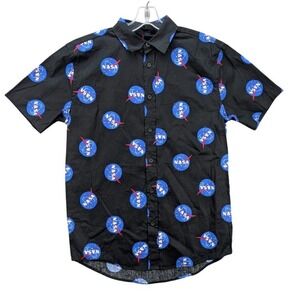NASA Men's All Over Print Shirt Button Up Short Sleeve Logo Size M Cotton Casual